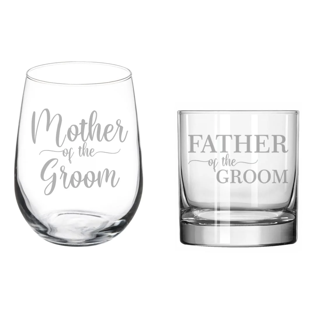 Set of 2 Glasses Stemless WINE & ROCKS Whiskey Gift Mother Of The Groom & Father Of The Groom