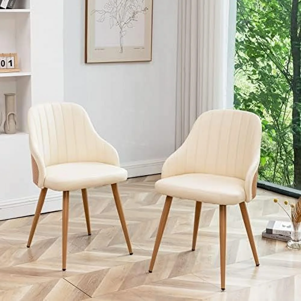 TJUNBOLIFE Modern Dining Room Chairs Set of 2  Mid Century Leather Upholstered Accent Arm Desk Chairs Leisure Side Chair with Metal Legs and Bamboo Back for Kitchen&Dining Room Beige