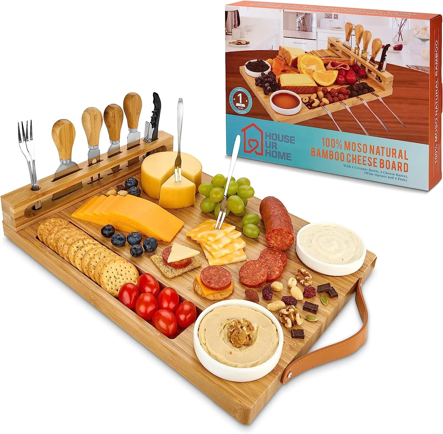 Charcuterie Boards with Handles - Bamboo Cheese Board with Knife Set, Wine Opener, Ceramic Bowls & Forks - Magnetic Utensils Holder - Gifts for Housewarming, Weddings & Anniversaries