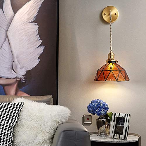 Tiffany Wall Sconces Battery Operated Set of 2,Indoor Wireless Wall Lights with Remote,Brown Glass shade Vintage Hanging Wall Lighting Fixture Wall Decor for Bedroom Bathroom Living Room Hallway