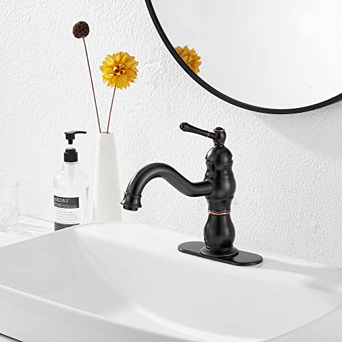 GGStudy 360° Swivel Antique Brass Bathroom Vessel Sink Faucet Single Handle One Hole Matching with Pop Up Drain