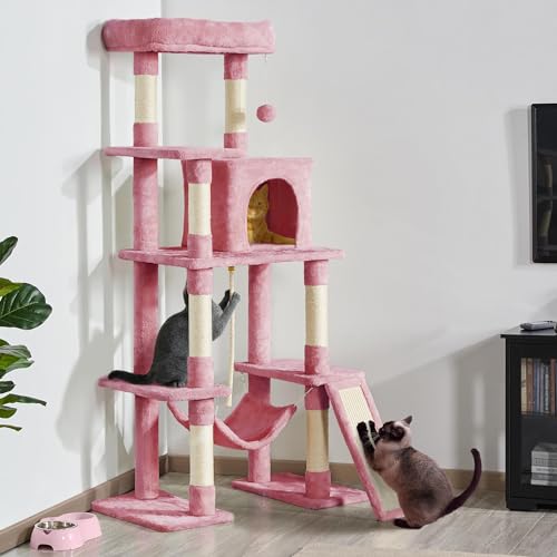 Yaheetech Large Multi-Level Cat Tree, 63 Inches Tall with Sisal-Covered Scratching Posts, Condo, Hammock, Dangling Ball, and Extended Platform for Cats to Play and Sleep