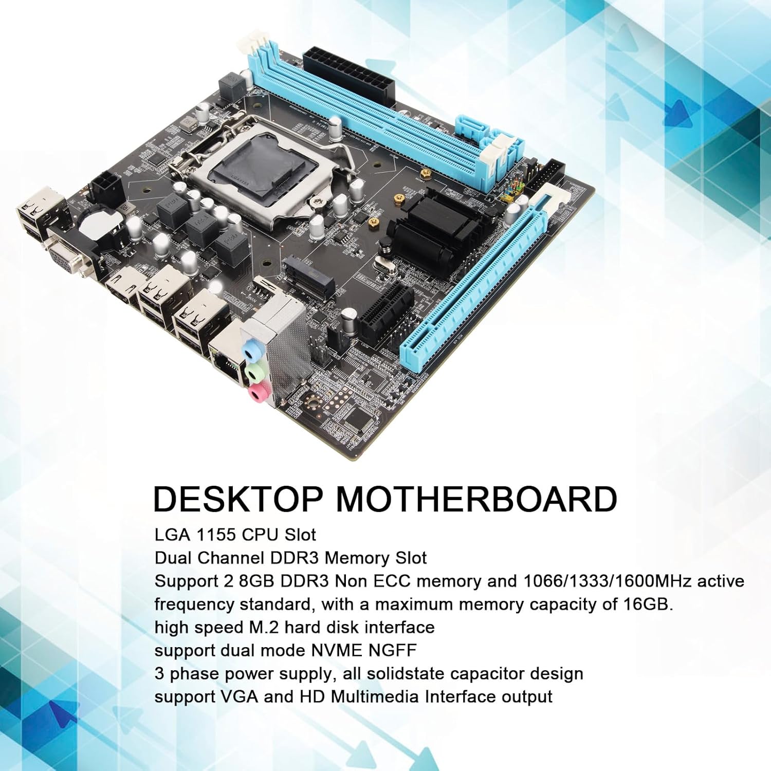 Micro ATX Motherboard, LGA 1155 CPU Slot, Dual Channel DDR3, M.2 NVMe NGFF, HD VGA Output, 3 Phase Power