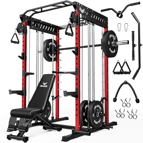 M21 Smith Machine, Multi-Function Power Cage with Dual Pulley Cable Crossover System, 2000LBS All-in-One Squat Rack with Smith Bar and Attachments