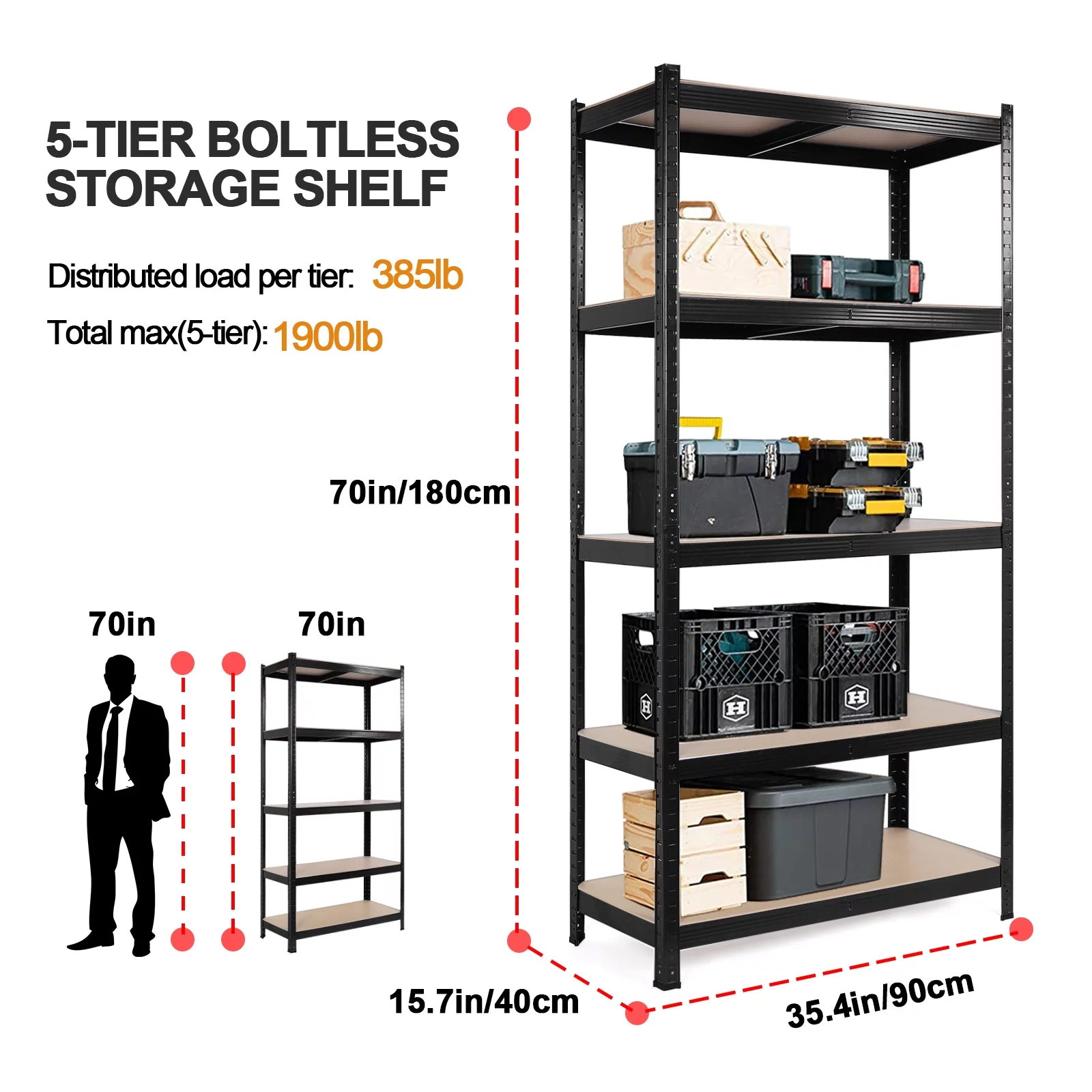 5 Tier Storage Shelves, JLK-Tek Adjustable Garage Storage Shelving, Heavy Duty Metal Storage Utility Rack Shelf Unit for Warehouse Pantry Closet Kitchen, 35.4