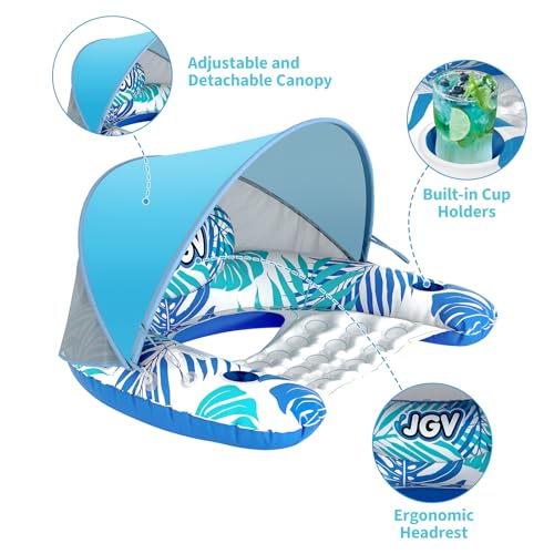 Pool Float for Adults with Canopy, XL Inflatable Chair Lounge Floaties with Adjustable Sun Shade Cover, Drink Holder, Ergonomic Headrest