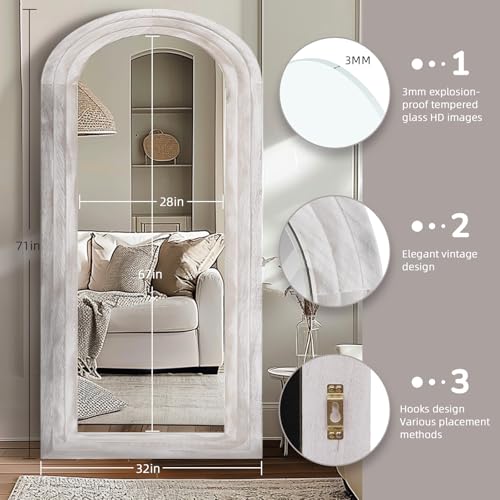 Arched Full Length Mirror with Solid Wood Frame, 65x22 Farmhouse Wall Mounted Floor Mirror with Stand, Vertical Hanging, Leaning Standing for Bedroom, Living Room, Brown