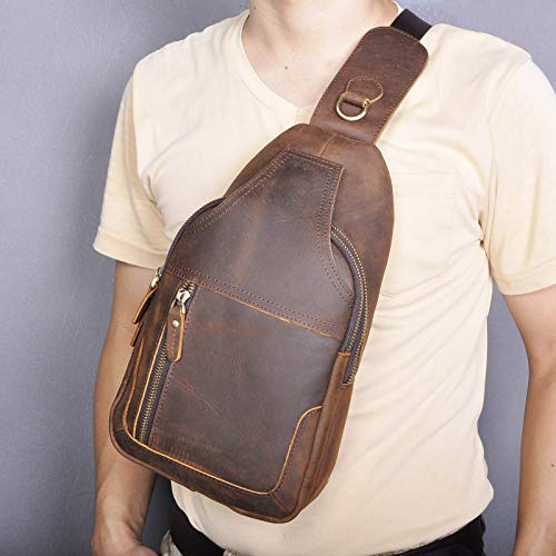 Le'aokuu Men Fashion Casual Tea Designer Travel Hiking Crossbody Chest Sling Bag Rig One Shoulder Strap Bag Men Leather 8015