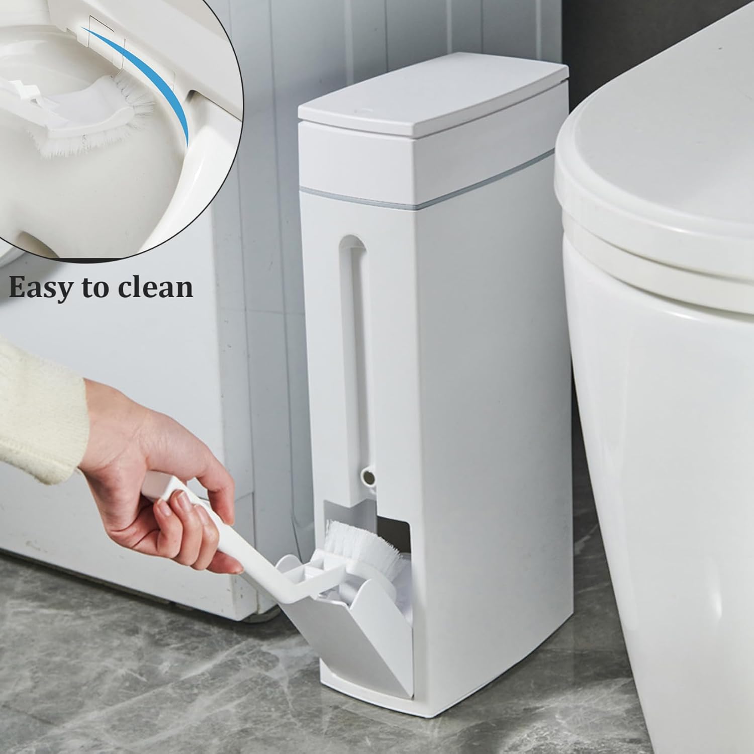 Bathroom Trash Can Set 16.5x8x4.3in 1.2-Gallon Slim Bathroom Bin with Toilet Brush Holder Press-Opening White Rectangular Toilet Trash Can Slim Trash Can with Lid Rubbish Bin Waste Paper Bin
