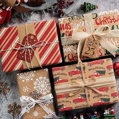 RUSPEPA Christmas Kraft Wrapping Paper - Owl, Reindeer, Christmas Ball and Text Design - 4 Rolls - 30 inches x 10 feet per Roll