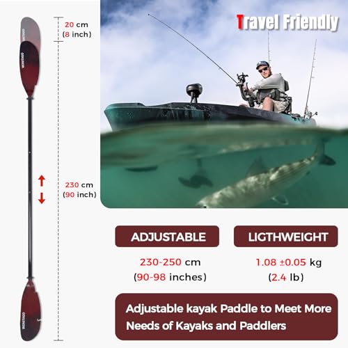 Angler Kayak Paddles Carbon Fiber Shaft and Plastic Blade, Floating Adjustable Fihsing Kayak Oars with Paddle Leash, 230-250cm/90-98 inch