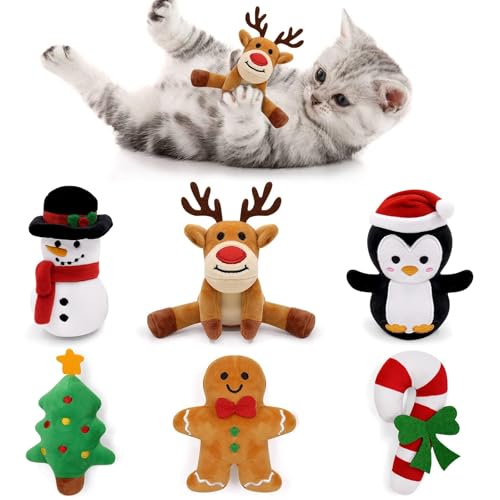 Vansolinne Christmas Catnip Toys, 6Pcs Interactive Cat Chew Toys for Indoor Cats, Bite Resistant Catnip Filled Teething Toy Set, Christmas Cats & Cat Lover Gift