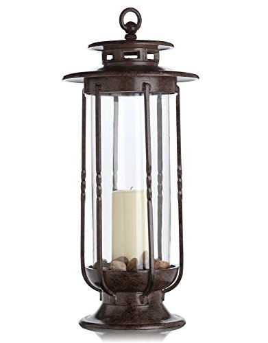 H Potter Large Decorative Hurricane Lantern Glass Candle Holder Cast Iron Rustic Indoor and Outdoor Light with Powder Coat Finish Centerpiece for Home Wedding Farmhouse Decor