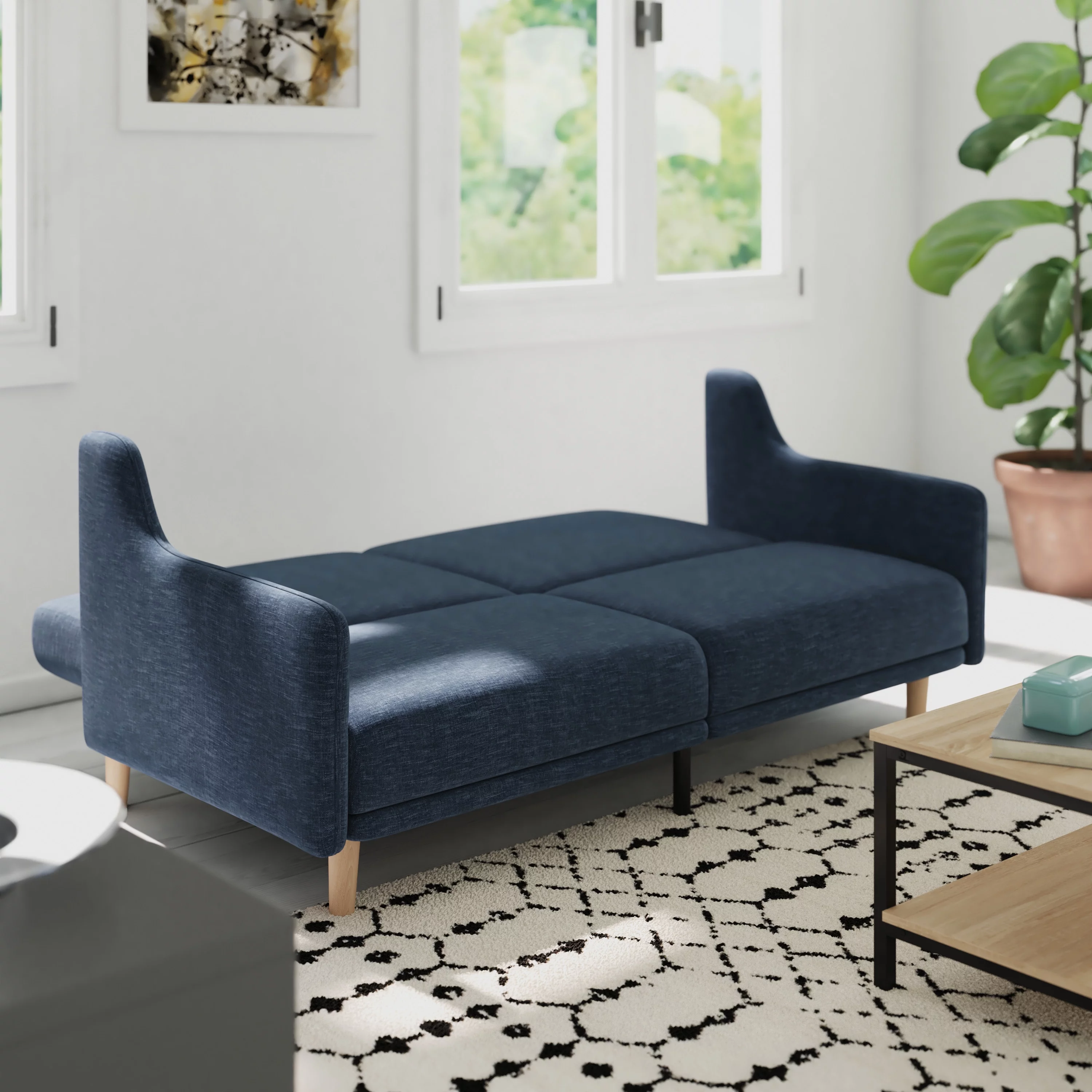 Emma + Oliver Plush Padded Faux Linen Upholstered Split Back Sofa Futon with Smooth Curved Removable Arms and Wooden Legs in Navy