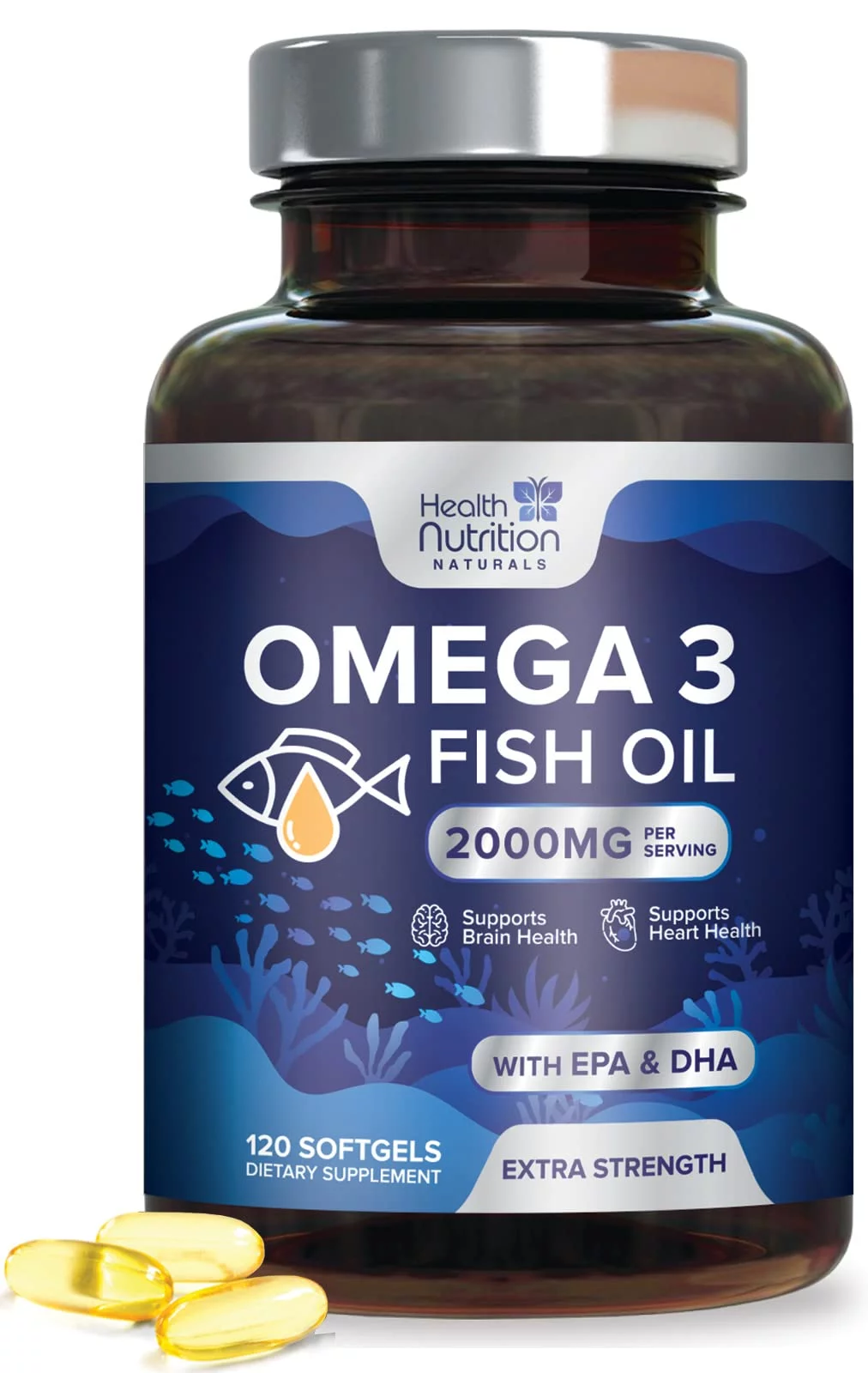 Triple Strength Omega 3 Fish Oil 2000 mg Softgels, Omega-3 Supplements, Brain & Heart Health Support - EPA & DHA, 1000 MG Fish Oil in Each Softgel, Fish Oil Supplement - 120 Fish Oil Softgels
