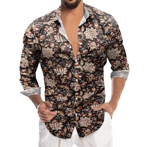 Mens Floral Shirts Long Sleeve Button Down Tshirts for Men Summer Leisure Floral Shirts Retro Cuban Shirts
