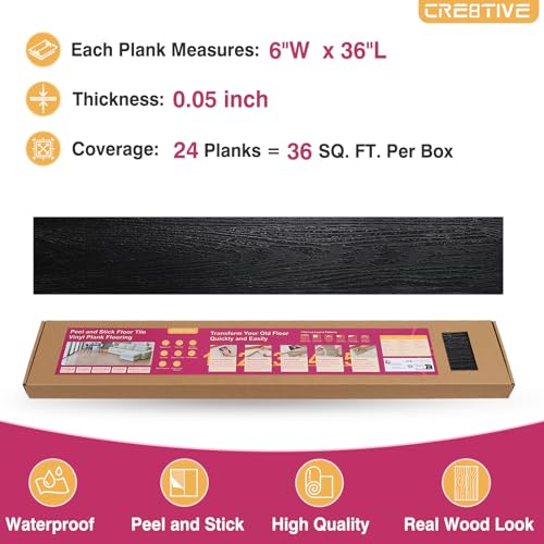CRE8TIVE 24-Pack Black Vinyl Plank Flooring Peel and Stick Floor Tile Waterproof Vinyl Wood Flooring 6