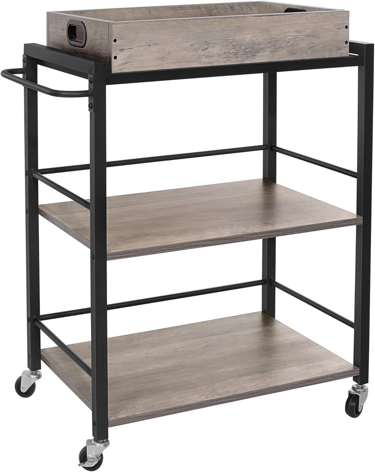 VASAGLE ALINRU Kitchen Serving Cart with Removable Tray, 3-Tier Kitchen Utility Cart on Wheels with Storage, Universal Casters with Brakes, Leveling Feet, Greige and Black ULRC072B02