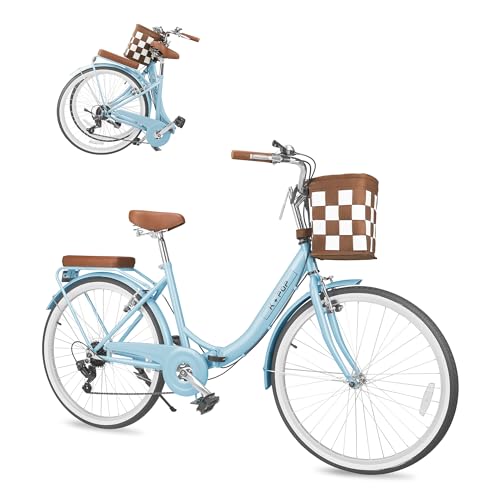 LayBurst Foldable Beach Cruiser Bike,Stylish 26-Inch Women's Bike with Front Basket,7-Speed,Classic Paint,Streamlined Design,Ladies' Bike for Commuting,Fitness,and Vacation