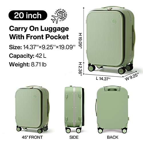 mixi Carry On Luggage, 20'' Suitcase with Front Laptop Pocket, Travel Rolling Luggage Aluminum Frame PC Hardside with Spinner Wheels & TSA Lock and Cover - Smoke White
