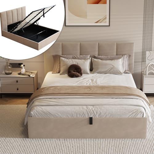 VELOCAVA California King Size Lift-Up Storage Bed, Modern Upholstered Platform Bed Frame with Vertical Channel Headboard, Hydraulic Storage, No Box Spring Needed, Beige