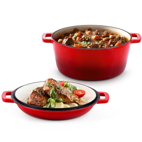 HaSteeL 2 in 1 Enameled Cast Iron Dutch Oven, 5 QT Pot & 2 Quart Skillet Lid Pan, Non-Stick Cookware Multi Cooker for Bread Baking Cooking Stewing, Suit for All Cooktops, Dual Handles & Oven Safe, Red