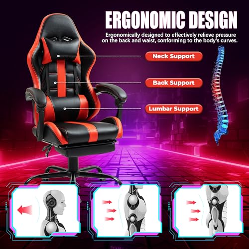 Massage Gaming Chair w/Footrest, Ergonomic High Back PC Chair w/Headrest and Lumbar, PU Swivel Home Desk Office Chair, Black