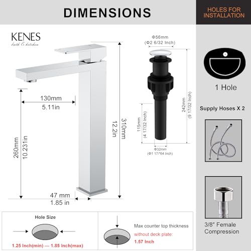 KENES Brushed Nickel Vessel Sink Facuet Single Handle Tall Bathroom Sink Faucet Vanity Bathroom Faucet Basin Mixer Tap with Water Supply Hose and Pop Up Sink Drain, LJ-9031A