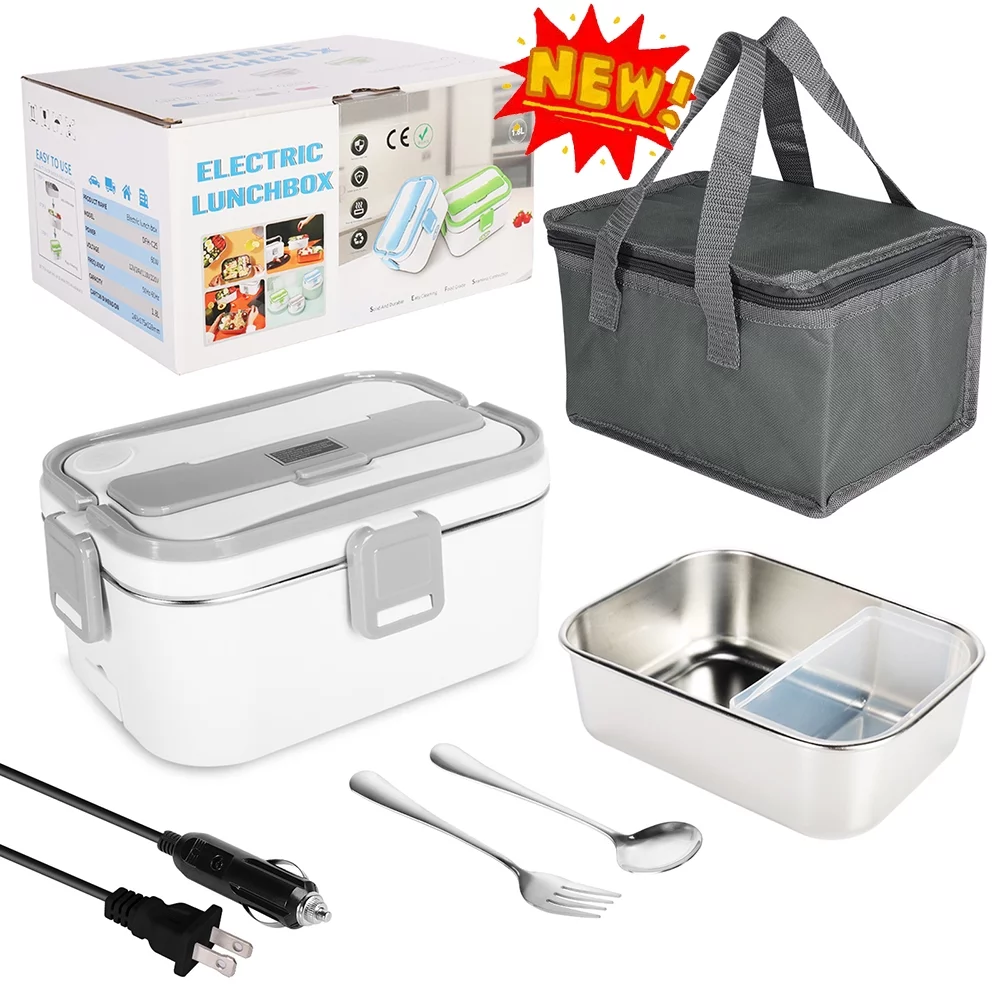 TOPCHANCES Electric Heating Lunch Box, Leak Proof Food Warmer Container for Car Home Office, 12V 24V /110V, 1.8L Food Heater with Fork & Spoon & Carry Bag, Grey White