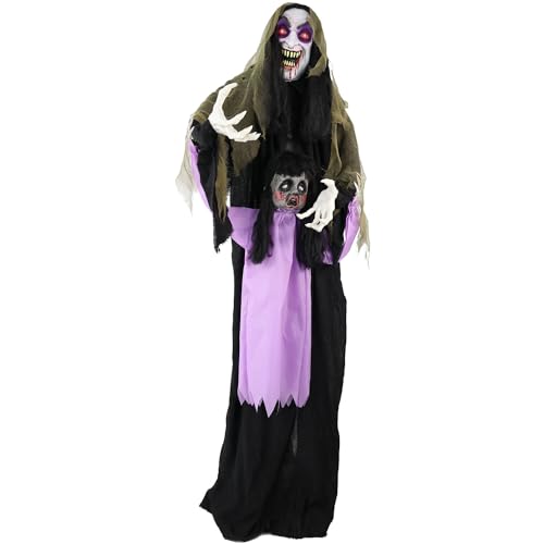 Haunted Hill Farm 5.25-ft. Standing Gravekeeper Animatronic, Indoor or Covered Outdoor Life-Size Halloween Decorations, Halloween Animatronic with Red LED Eyes and Sound Effects, Battery-Operated