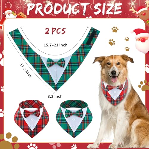 2 Pcs Christmas Dog Tuxedo Outfit, Red Green Plaid Pet Christmas Tux Collar Bandana with Bowtie Holiday Adjustable Bow Tie Puppy Party Formal Costume Cosplay for Large Dogs XL Pets