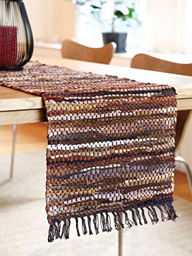 HF by LT Tucson Leather Table Runner, 13 x 78 inches, Handwoven Recycled Leather and Soft Cotton, Brown