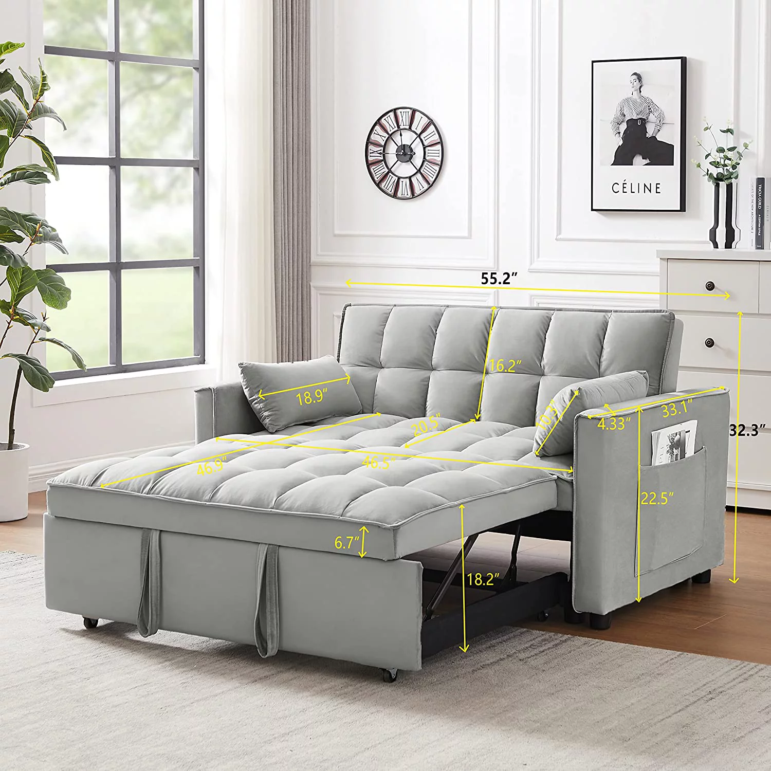 Pull Out Bed Sleeper Sofa Bed With Toss Pillows,Velvet Loveseat Futo Sofa Couch With Pockets,Loveseat Sofa Couch With Adjsutable Backrest For Livig Room
