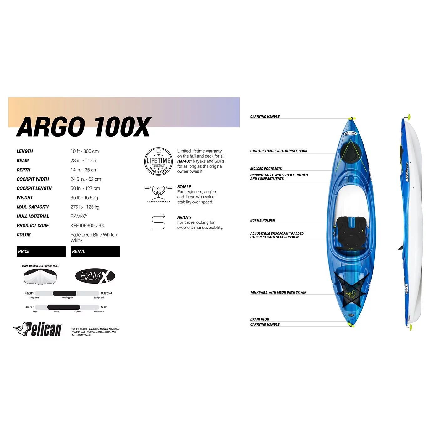 Pelican - Argo 100X - Sit-in Recreational Kayak - 10 ft - Fade Deep Blue White