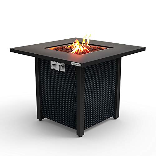 Outdoor Propane Fire Pit Table - CSA/ETL Certified Safe 50,000 BTU Pulse Ignition Weatherproof Square Wicker Propane Gas Fire Table w/Tile Tabletop Adjustable Flame - Glass Rocks