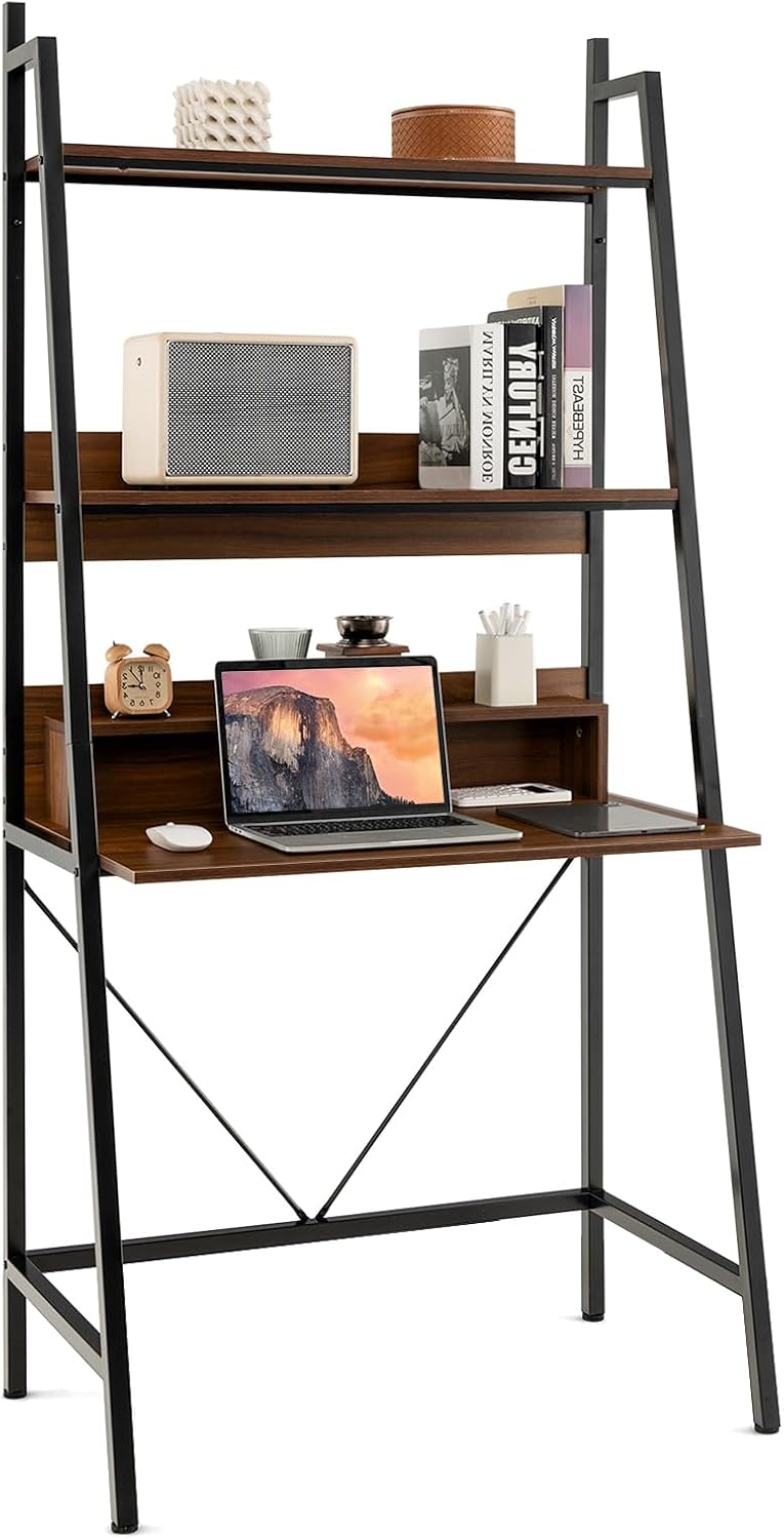 GOFLAME 71” High Ladder Desk, Freestanding Laptop Desk with Open Shelves, 3-Tier Ladder Shelf Computer Desk, Anti-tipping Kits, Ideal for Living Room Bedroom Study, Brown