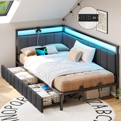 DICTAC Corner Full Bed Frame with 2 Storage Drawers and Charging Station Full Size Platform Bed Frame with Led Lights and Upholstered Guardrail Daybed for Living Room, Bedroom and Guest Room, Gray