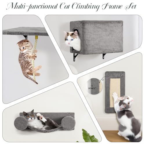NUNU LAB 5-in-1 Wall-Mounted Cat Climber Set, Cats Wall Shelve, Wall-Mounted Cat Climbing Shelves, with House, Bridge, Steps, Scratcher, Hammock, Shelves (A-KM060)