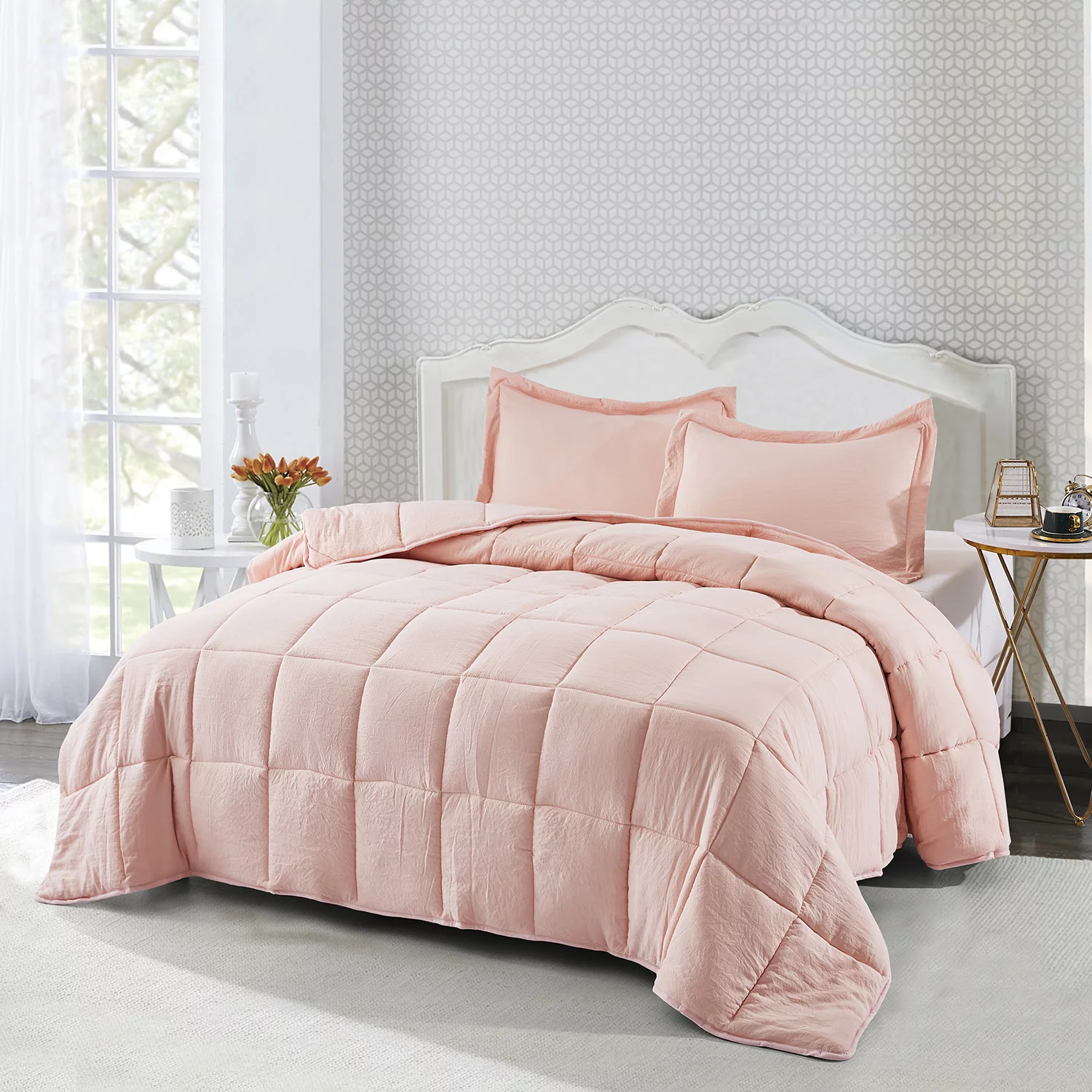 All Season Pink 3 Piece Twin Size Down Alternative Comforter Set with Corner Tabs