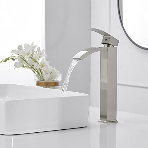 Brushed Nickel Vessel Sink Faucet, Waterfall Bathroom Faucets, Tall Spout Single Handle Single Hole Bathroom Faucets with Pop Up Drain and Without Overflow Basin Faucet Supply Line