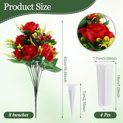 4 Sets Artificial Cemetery Flowers for Grave Memorial Day Rose Bouquet 8 Bunches Silk Cemetery Flower Decoration with Grave Vase for Funeral Flowers Outdoor Graveside Tombstone(White, Red)