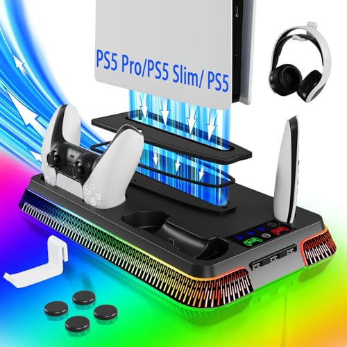 PS5/Slim/Pro Stand and Cooling Station with LED Controller Charging Station for PlayStation 5 Console,Accessories Incl.Controller Charger,PS5 Cooling Fan,Headset Holder,3 USB Hubs (RGB-White)