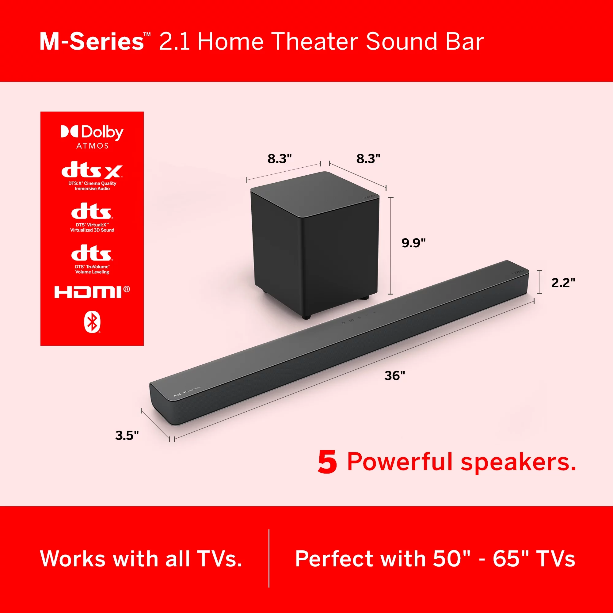 VIZIO M-Series 2.1 Premium Sound Bar with Dolby Atmos, DTS:X, Wireless Subwoofer M215a-J6