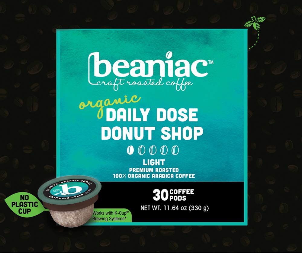beaniac Organic Daily Dose Donut Shop, Light Roast, Single Serve Compostable K Cup Coffee Pods, Organic Arabica Coffee, Keurig Brewer Compatible, 30 Count