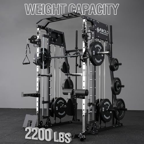 Mikolo Smith Machine, 2200lbs Squat Rack with LAT-Pull Down System & Cable Crossover Machine, Training Equipment with Leg Hold-Down Attachment