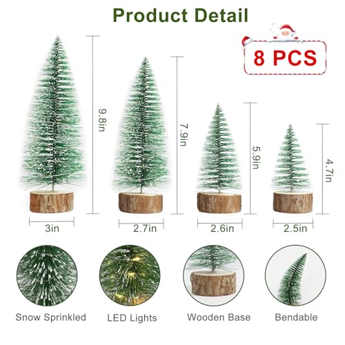 4 PCS Mini Christmas Trees, Artificial Bottle Brush Trees with 2 Modes Timer LED String Lights, Button Cell Battery Powered Desktop Small Pine Trees with Wooden Base for Home Xmas Decor (Warm White)