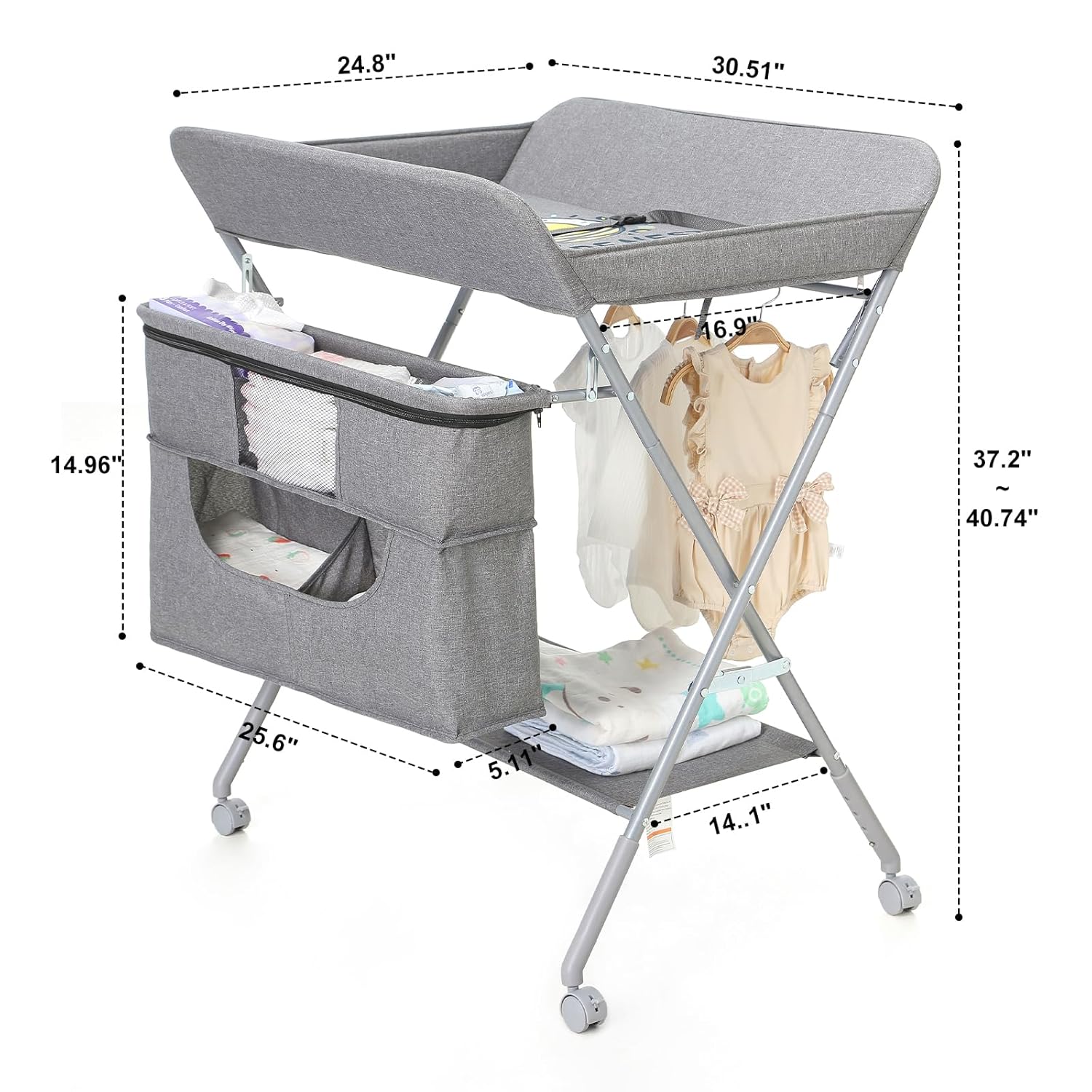 Portable Baby Changing Station with Adjustable Height - Foldable Diaper Table with Wheels,Waterproof Pad, Safety Belt & Large Storage Racks, Ideal for Newborn and Infants (Light Grey)