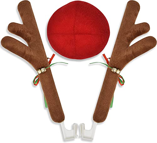 EcoNour Car Reindeer Antlers & Nose for Christmas | Decoration Kit with Reindeer Antler, Jingle Bells & Nose | Horns Set Made of Sponge Stuffings | Rudolph Car Decoration for Christmas