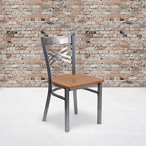 Flash Furniture HERCULES Series Clear Coated ''X'' Back Metal Restaurant Chair - Cherry Wood Seat