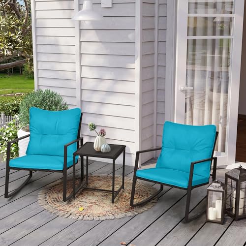 SUNCROWN 3 Piece Outdoor Rocking Bistro Set Black Wicker Furniture Porch Chairs Conversation Sets with Glass Coffee Table, Beige